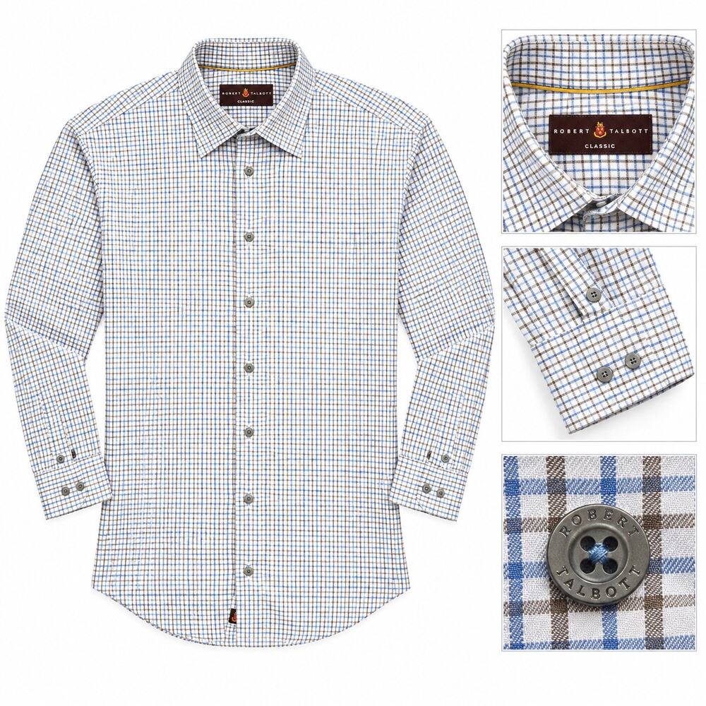 Robert Talbott Plaid Men’s Dress Shirt L/ S Preppy  Blue Brown Button Down